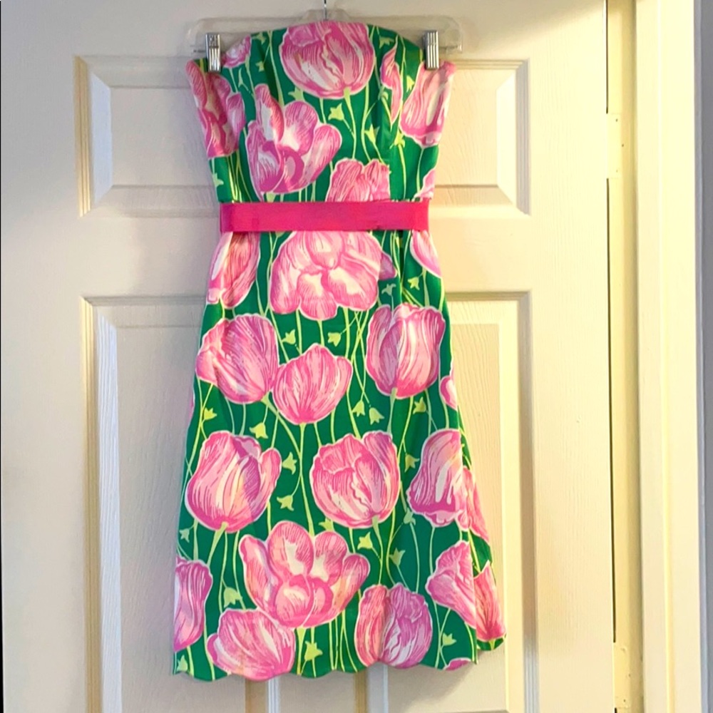 Lilly Pulitzer green & pink strapless dress